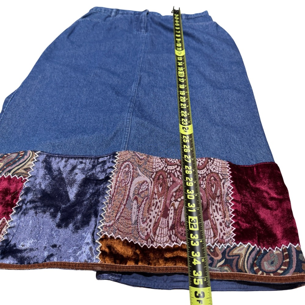 VTG Ruby Rd Denim Maxi Skirt Women Size 12 Patchwork Velvet Boho Whimsigoth - Picture 6 of 11